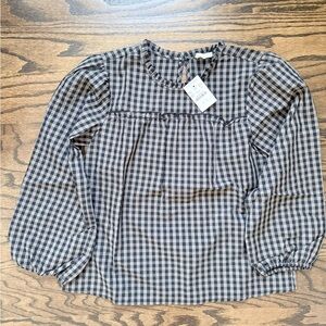 Girls Jcrew Crewcuts Black and Tan Checkered Gingham Ruffle Collar Top